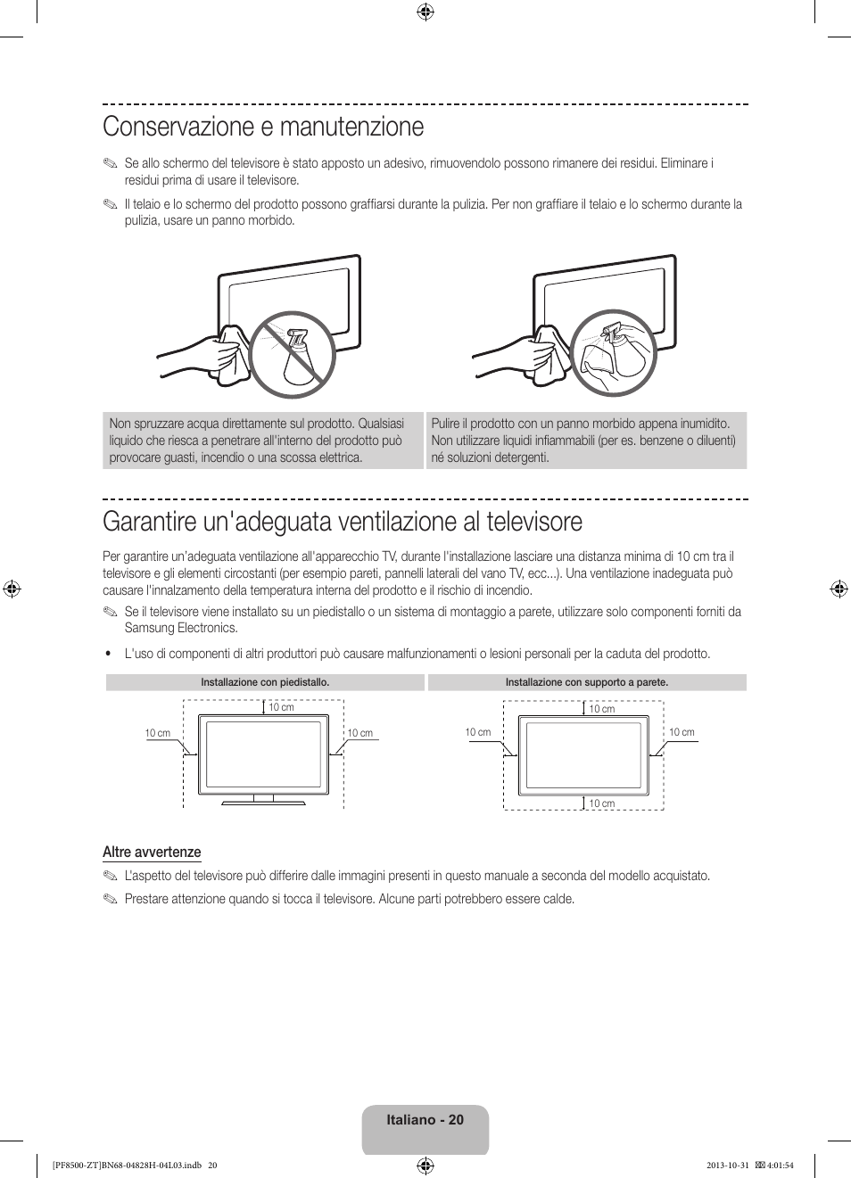 Conservazione e manutenzione, Garantire un'adeguata ventilazione al televisore | Samsung PS51F8500SZ User Manual | Page 44 / 73