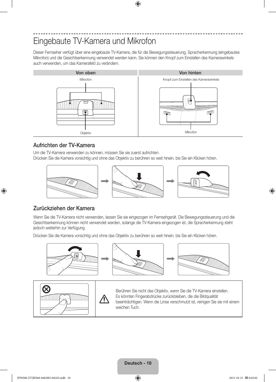 Eingebaute tv-kamera und mikrofon, 경고 주의 경고 주의 | Samsung PS51F8500SZ User Manual | Page 58 / 73