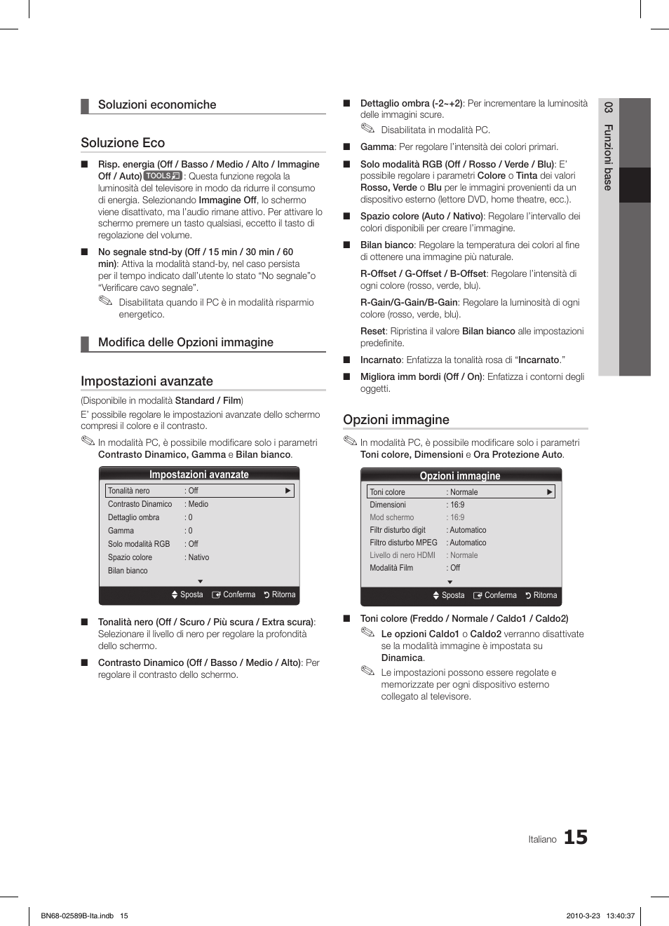 Soluzione eco, Impostazioni avanzate, Opzioni immagine | Samsung LE32C350D1W User Manual | Page 114 / 134
