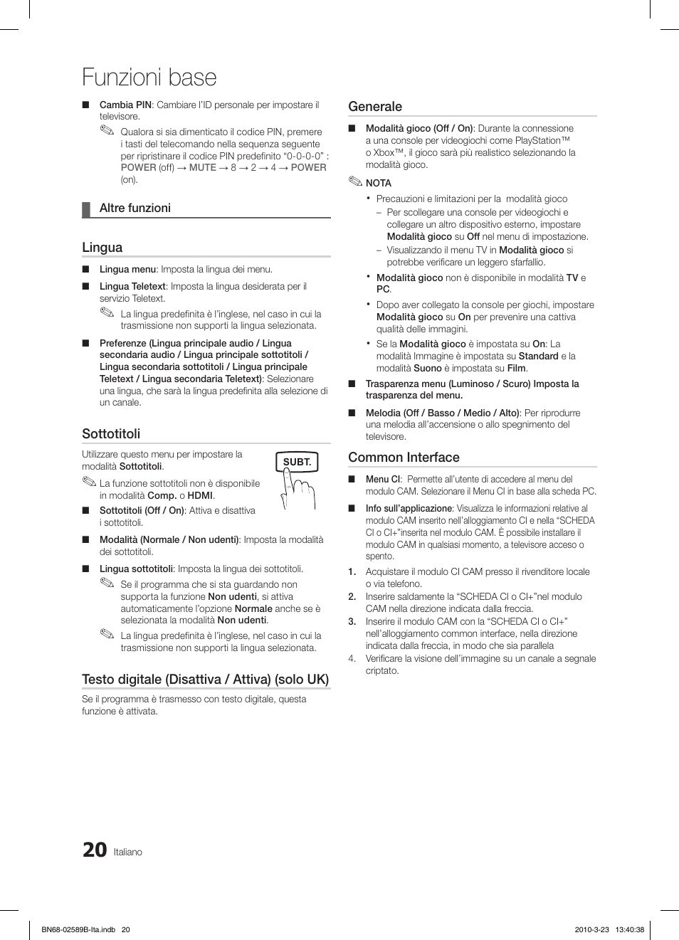 Funzioni base, Lingua, Sottotitoli | Testo digitale (disattiva / attiva) (solo uk), Generale, Common interface | Samsung LE32C350D1W User Manual | Page 119 / 134