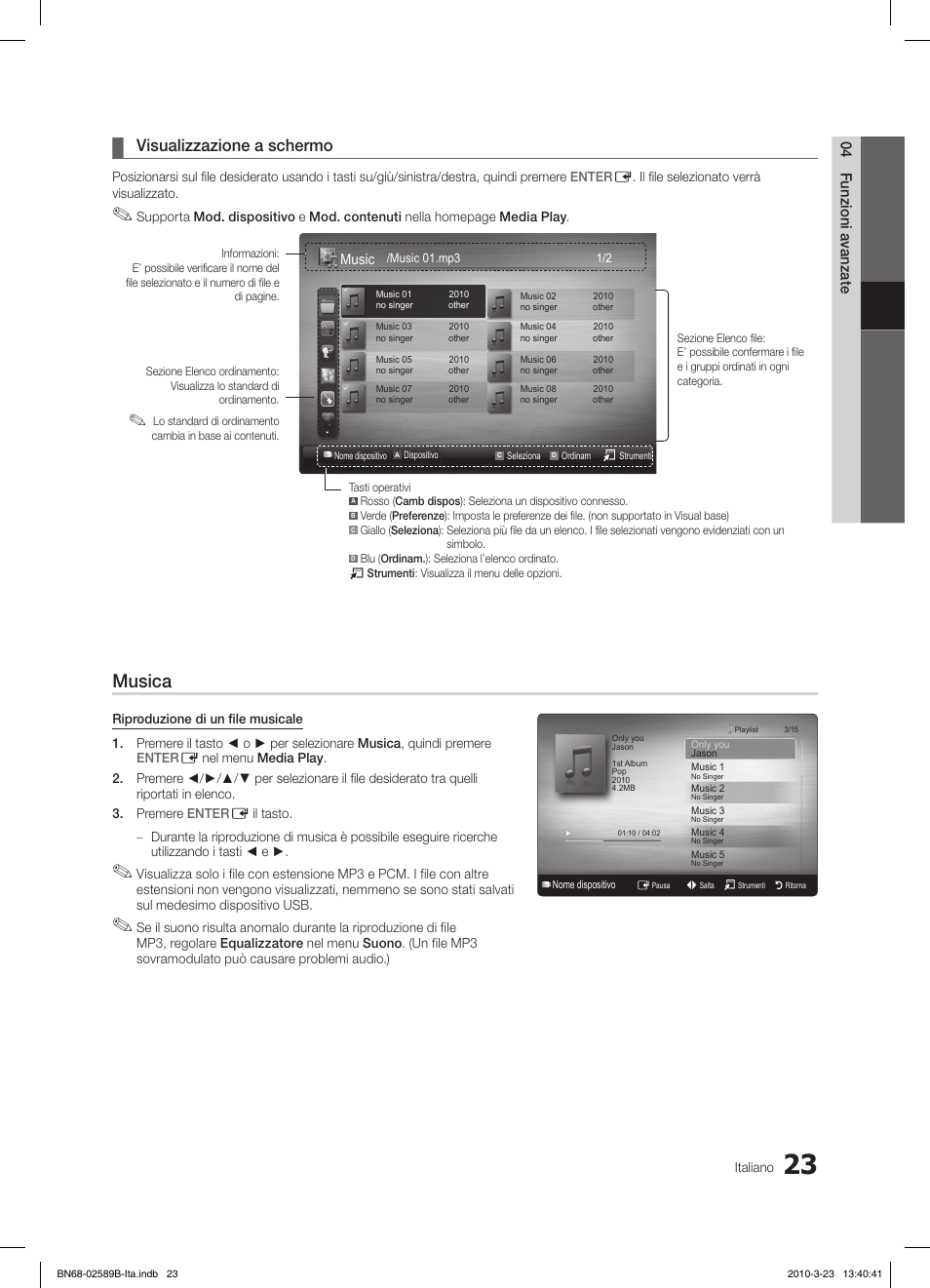 Musica, Visualizzazione a schermo, 04 funzioni avanzate | Music | Samsung LE32C350D1W User Manual | Page 122 / 134