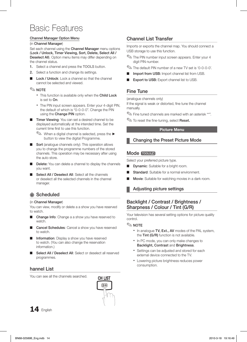 Basic features, Fav.ch p.mode dual mts | Samsung LE32C350D1W User Manual | Page 14 / 134