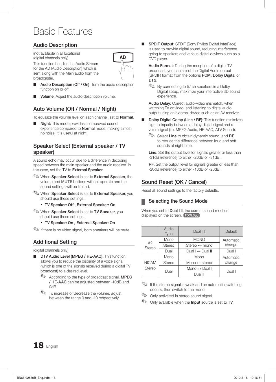Basic features, Fav.ch p.mode dual mts | Samsung LE32C350D1W User Manual | Page 18 / 134