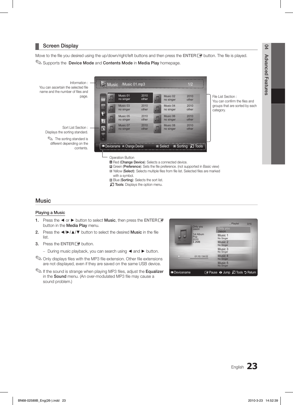 Music, Screen display, 04 advanced featur es | Samsung LE32C350D1W User Manual | Page 23 / 134