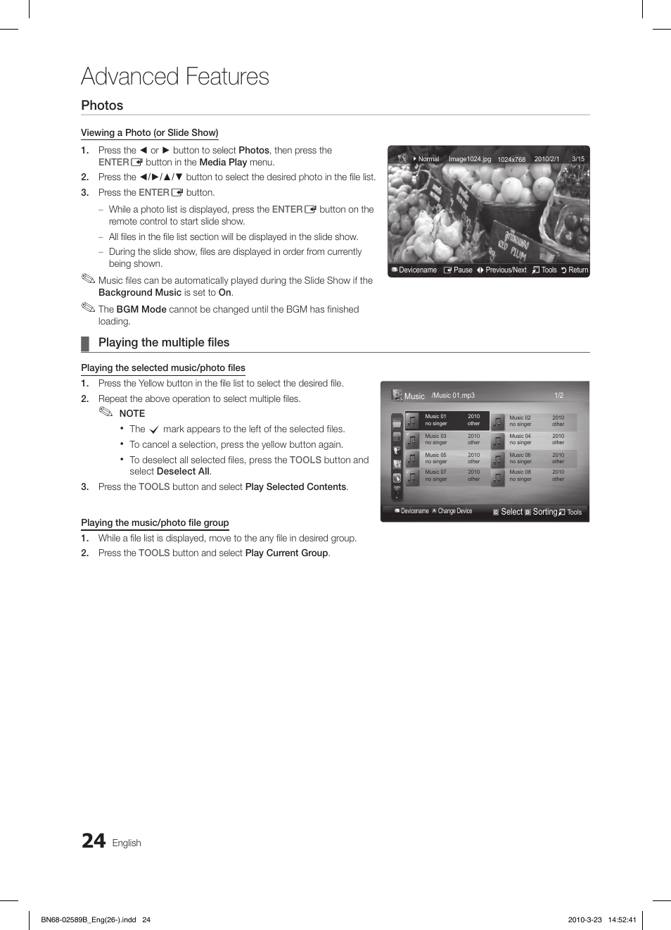 Advanced features, Photos, Playing the multiple files | Samsung LE32C350D1W User Manual | Page 24 / 134