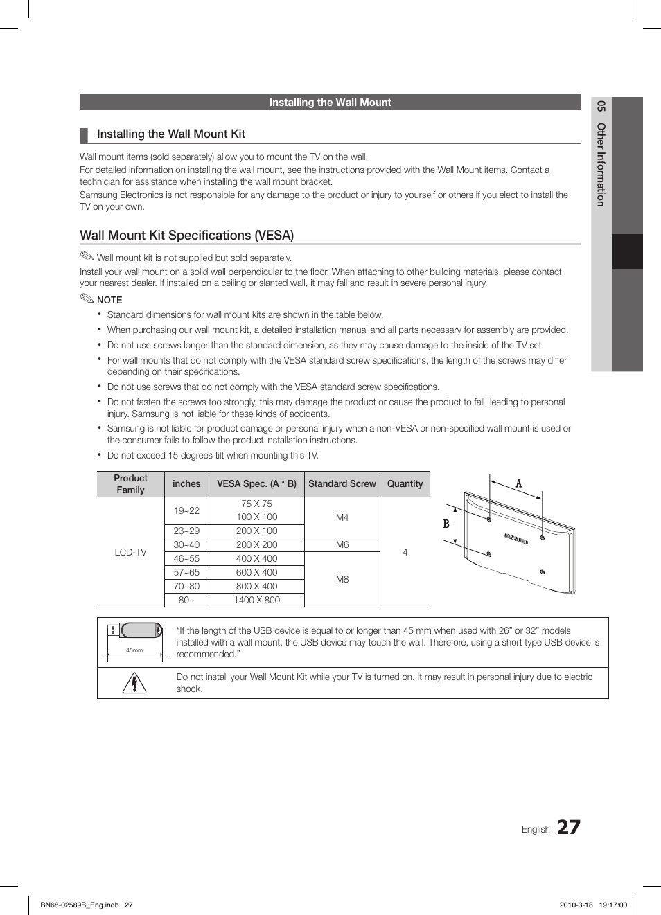 Wall mount kit specifications (vesa) | Samsung LE32C350D1W User Manual | Page 27 / 134