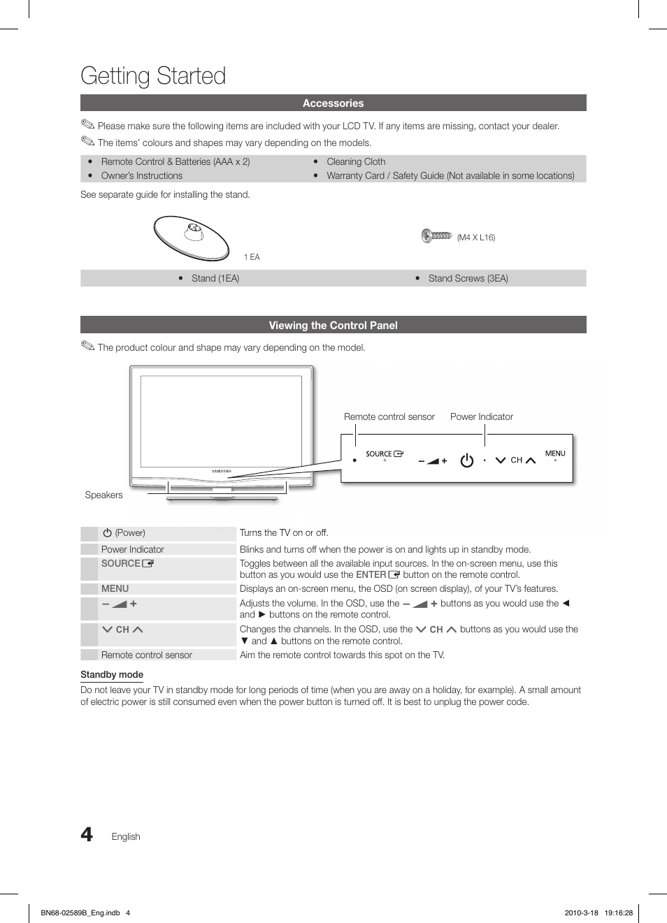 Getting started | Samsung LE32C350D1W User Manual | Page 4 / 134