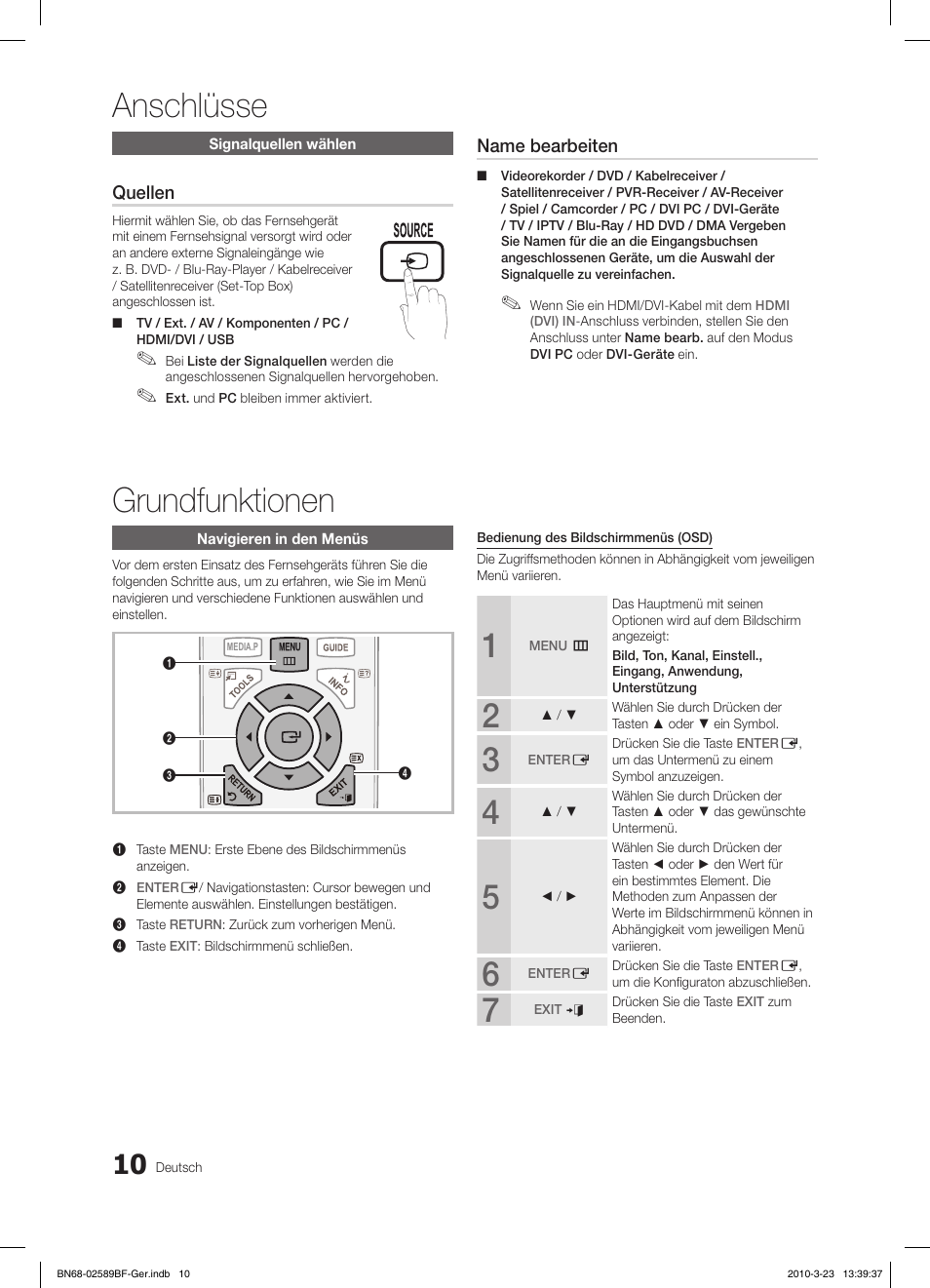 Anschlüsse, Grundfunktionen, Fav.ch p.mode dual mts | Samsung LE32C350D1W User Manual | Page 44 / 134