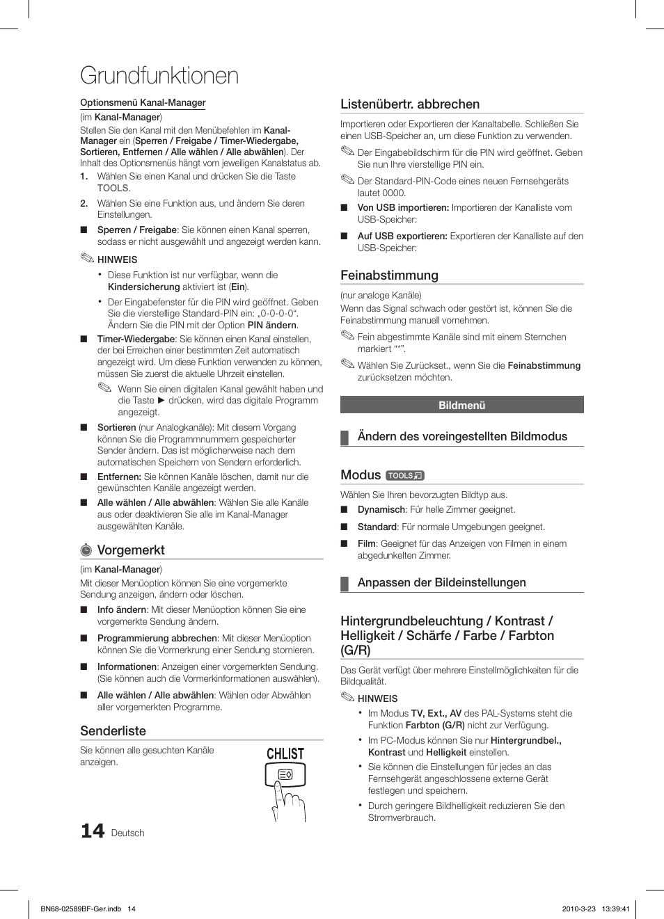 Grundfunktionen, Vorgemerkt, Senderliste | Listenübertr. abbrechen, Feinabstimmung, Modus | Samsung LE32C350D1W User Manual | Page 48 / 134