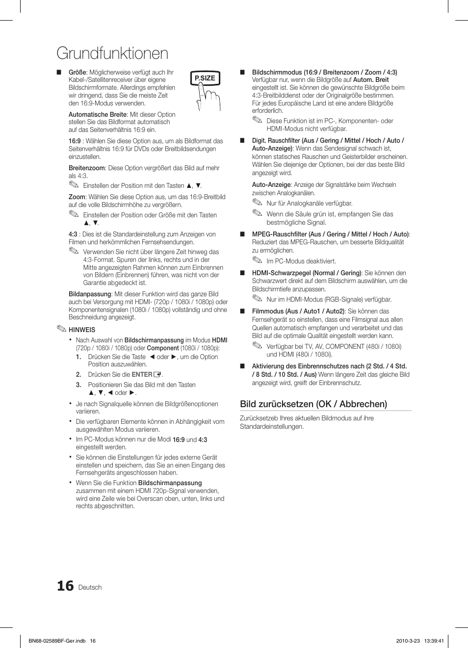 Grundfunktionen, Bild zurücksetzen (ok / abbrechen) | Samsung LE32C350D1W User Manual | Page 50 / 134
