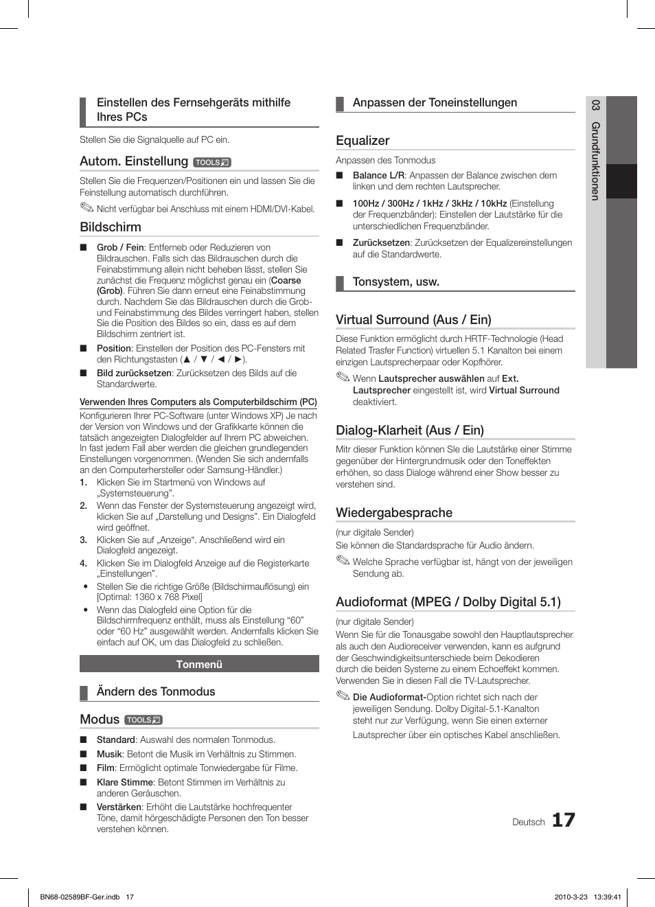 Autom. einstellung, Bildschirm, Modus | Equalizer, Virtual surround (aus / ein), Dialog-klarheit (aus / ein), Wiedergabesprache, Audioformat (mpeg / dolby digital 5.1) | Samsung LE32C350D1W User Manual | Page 51 / 134