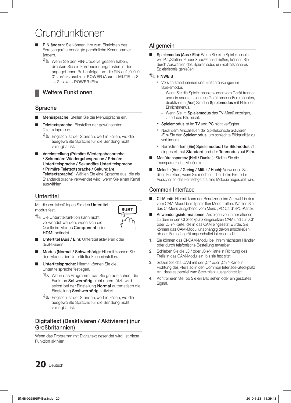 Grundfunktionen, Weitere funktionen ¦ sprache, Untertitel | Allgemein, Common interface | Samsung LE32C350D1W User Manual | Page 54 / 134