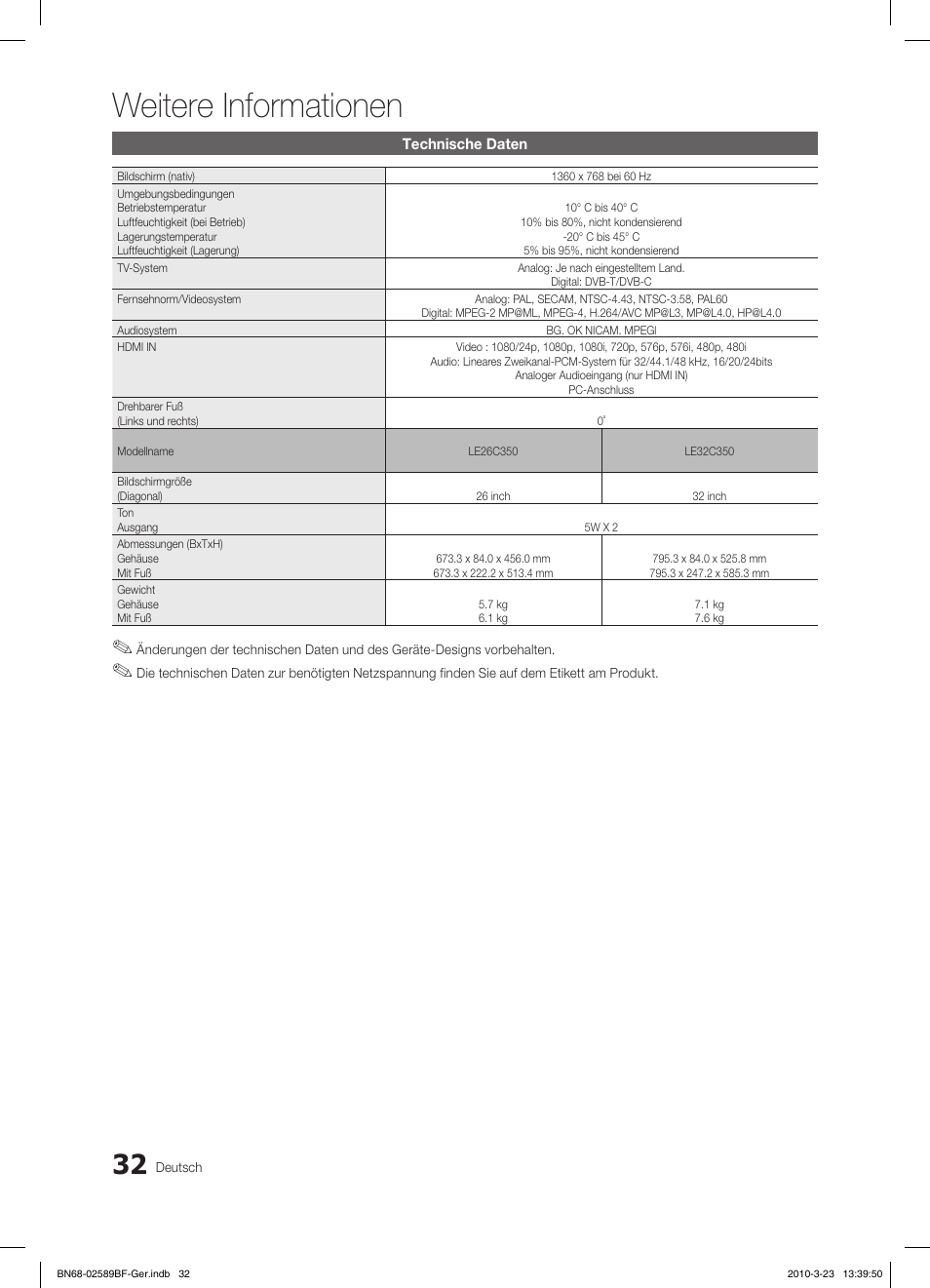 Weitere informationen | Samsung LE32C350D1W User Manual | Page 66 / 134