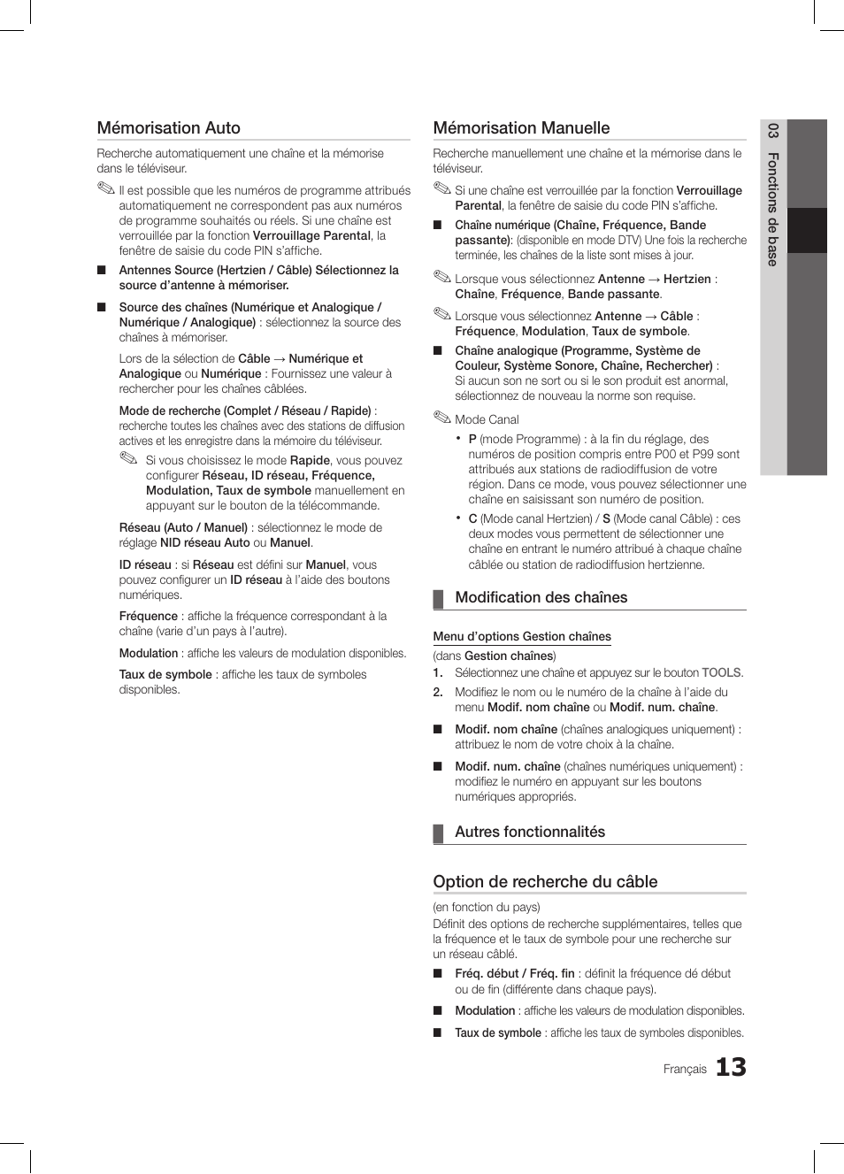 Mémorisation auto, Mémorisation manuelle, Option de recherche du câble | Samsung LE32C350D1W User Manual | Page 80 / 134