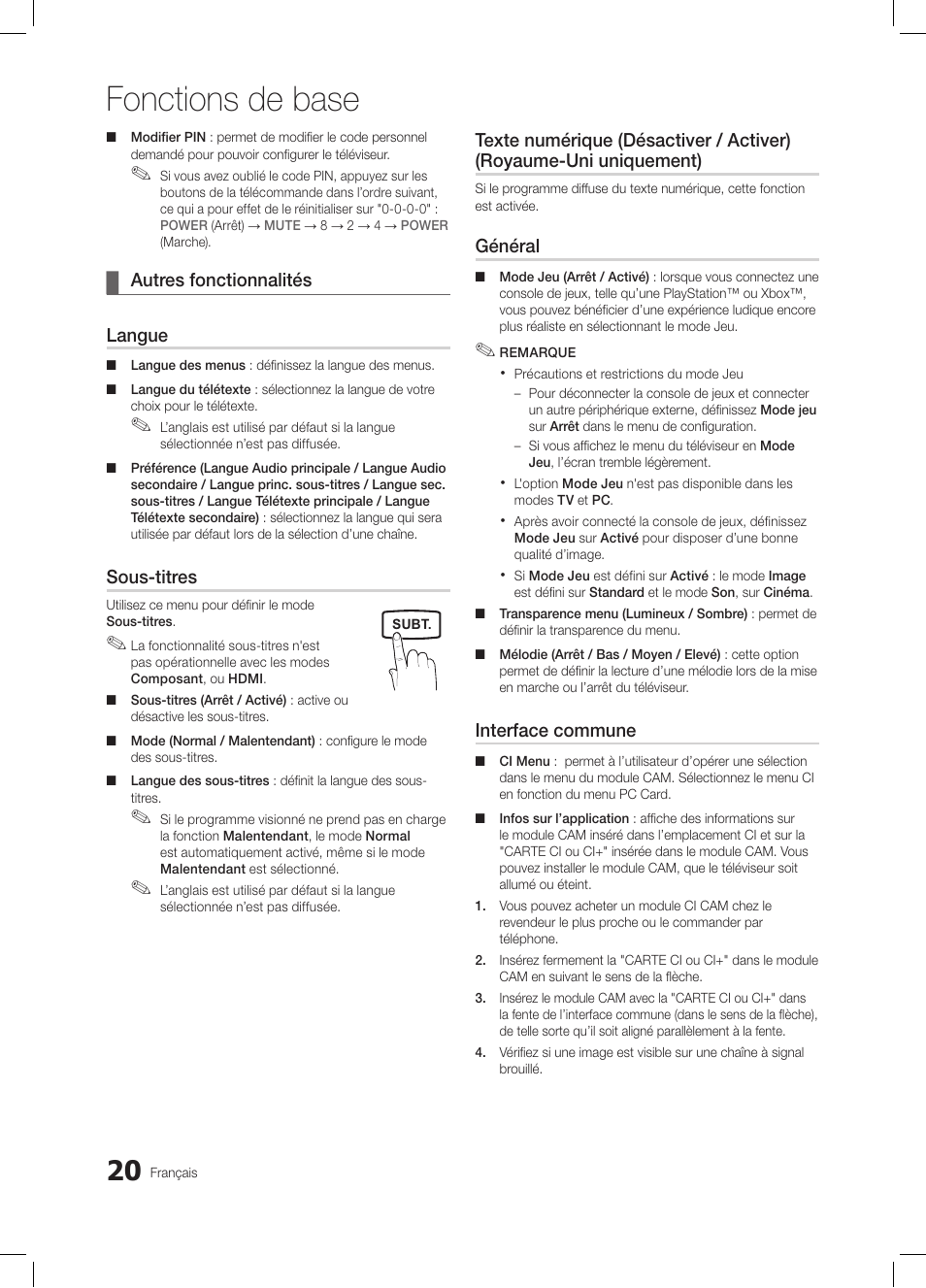 Fonctions de base, Autres fonctionnalités ¦ langue, Sous-titres | Général, Interface commune | Samsung LE32C350D1W User Manual | Page 87 / 134