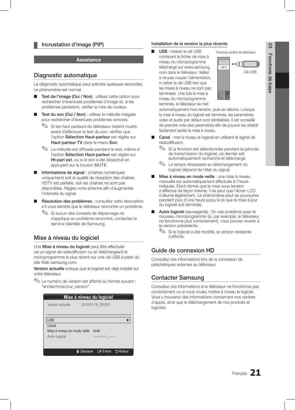 Diagnostic automatique, Mise à niveau du logiciel, Guide de connexion hd | Contacter samsung | Samsung LE32C350D1W User Manual | Page 88 / 134