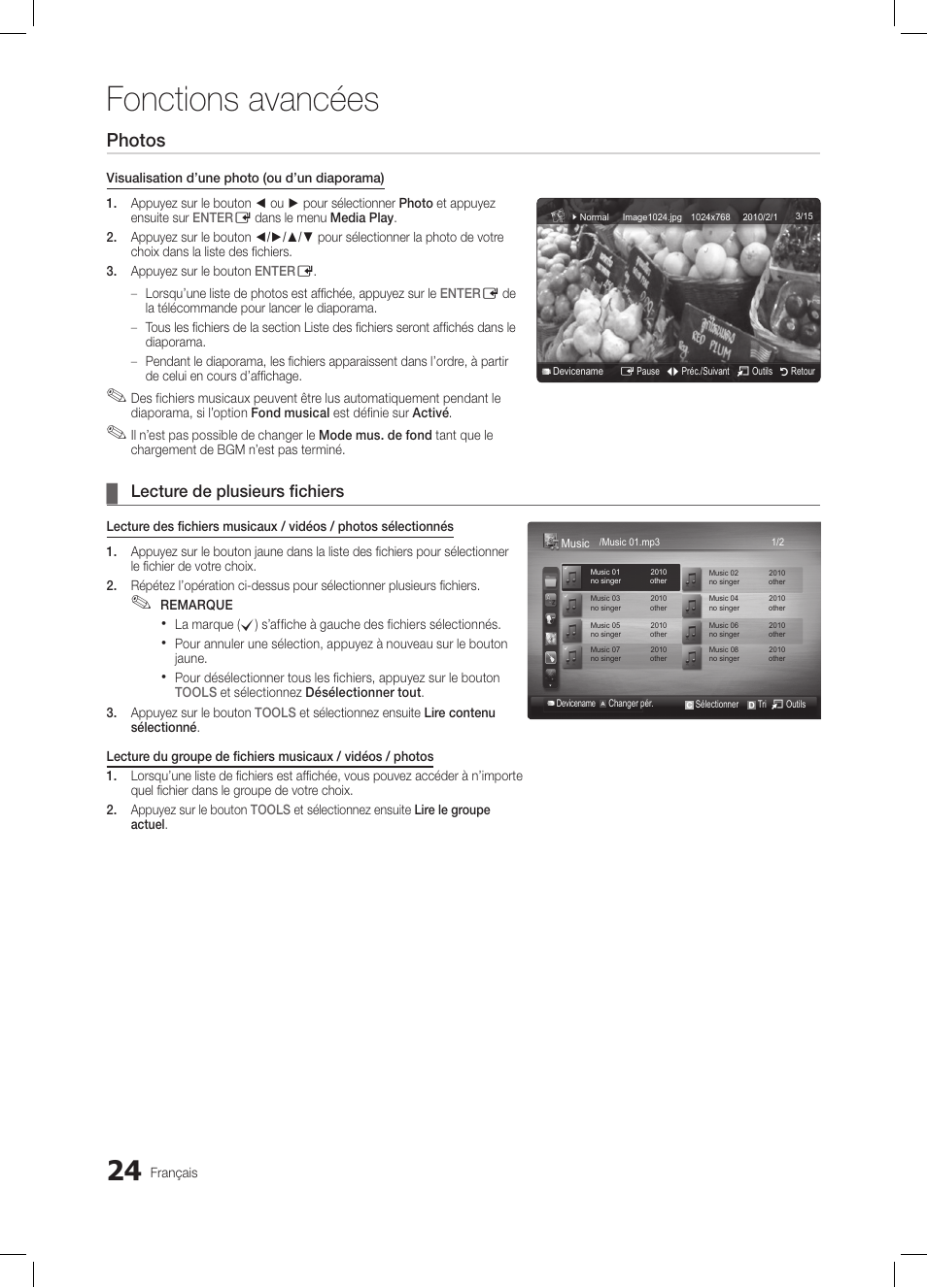 Fonctions avancées, Photos, Lecture de plusieurs fichiers | Samsung LE32C350D1W User Manual | Page 91 / 134