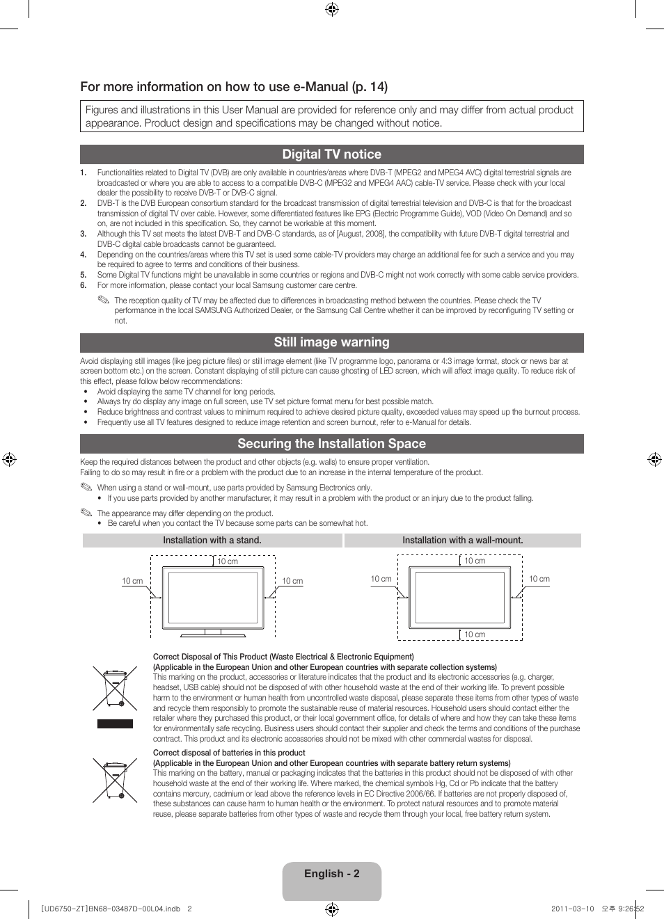 Digital tv notice, Still image warning, Securing the installation space | Samsung UE55D6750WQ User Manual | Page 2 / 86