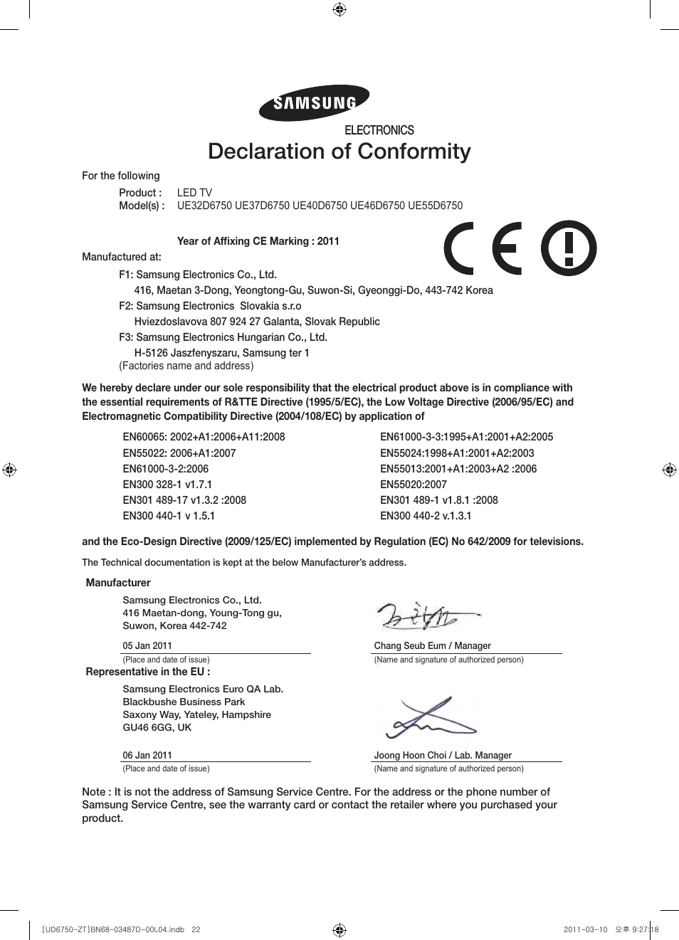 Declaration of conformity, Electronics | Samsung UE55D6750WQ User Manual | Page 22 / 86