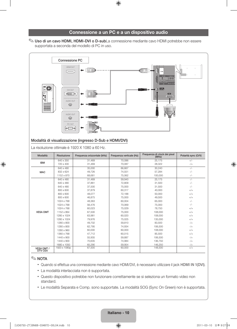 Connessione a un pc e a un dispositivo audio | Samsung UE55D6750WQ User Manual | Page 32 / 86