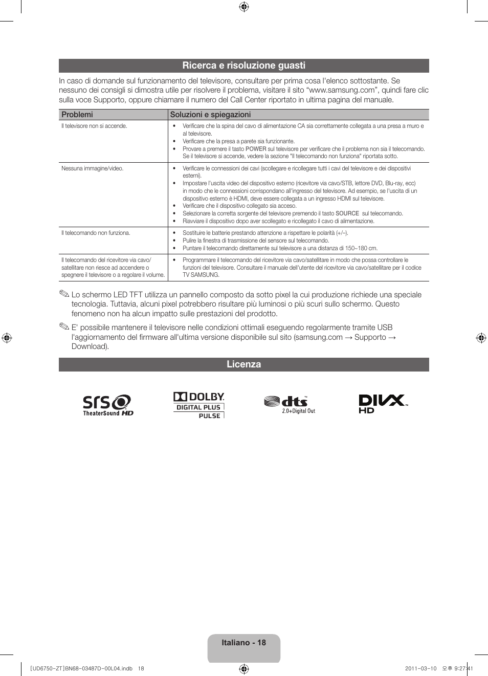 Ricerca e risoluzione guasti, Licenza | Samsung UE55D6750WQ User Manual | Page 40 / 86