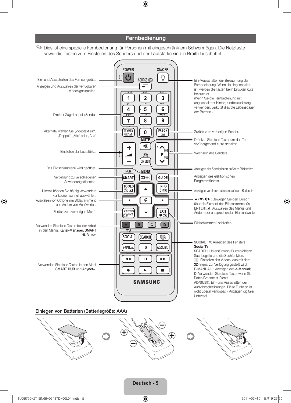 Fernbedienung | Samsung UE55D6750WQ User Manual | Page 49 / 86