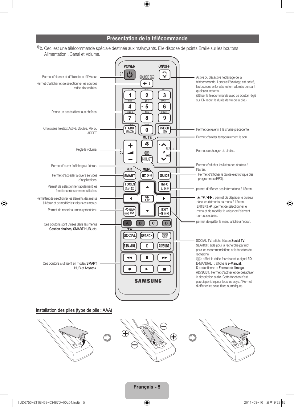 Présentation de la télécommande | Samsung UE55D6750WQ User Manual | Page 69 / 86