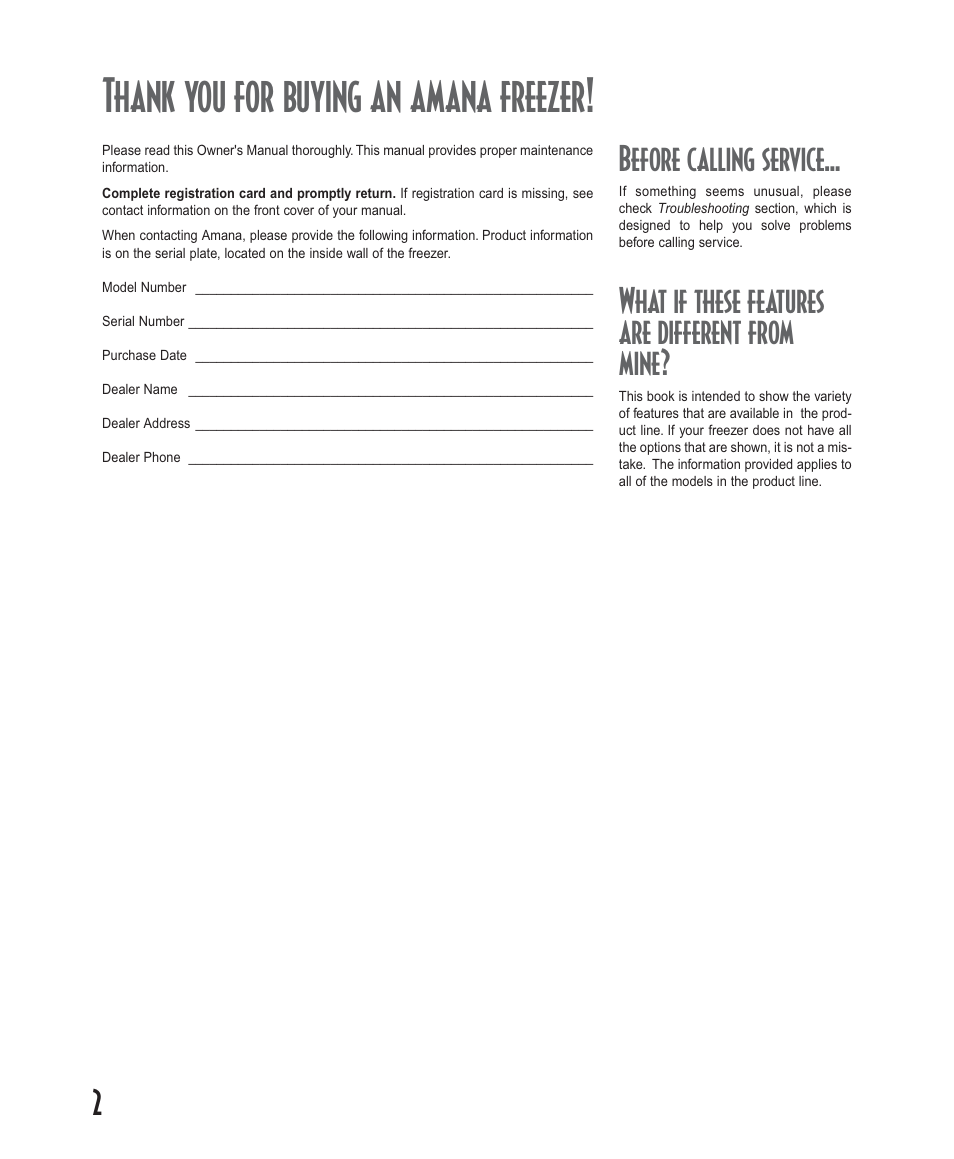 Before calling service, What if these features are different from mine | Amana Deepfreeze Upright Freezers User Manual | Page 2 / 48