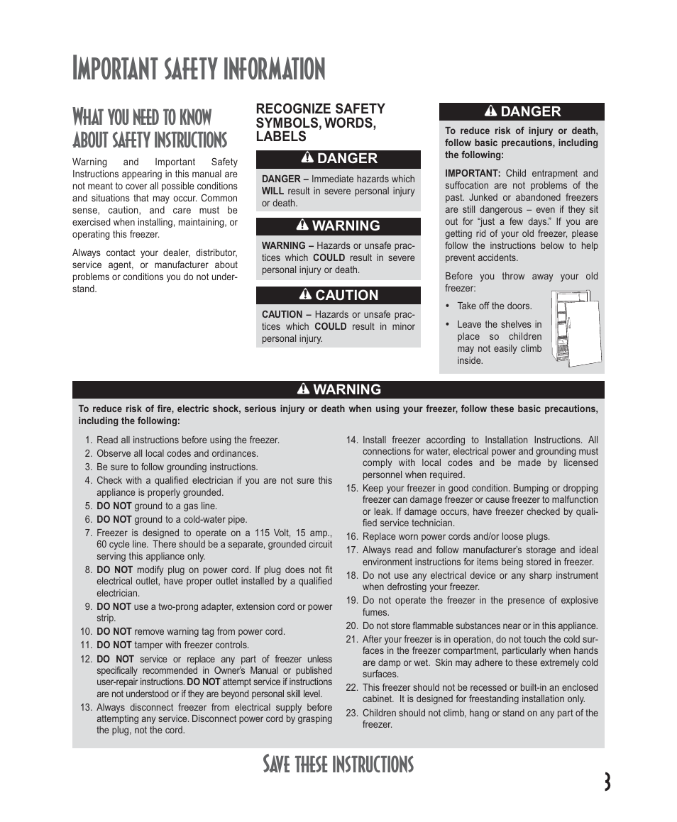 Important safety information, Save these instructions, What you need to know about safety instructions | Amana Deepfreeze Upright Freezers User Manual | Page 3 / 48