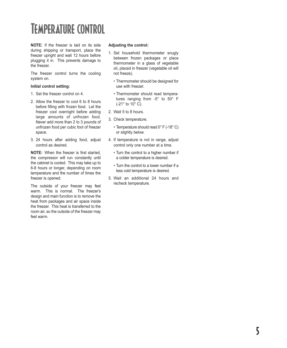 Temperature control | Amana Deepfreeze Upright Freezers User Manual | Page 5 / 48