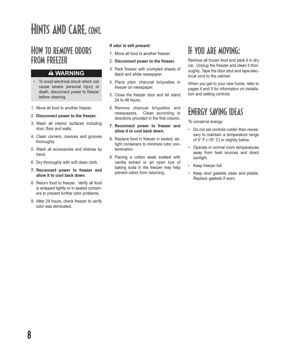 Hints and care, Cont. how to remove odors from freezer, If you are moving | Energy saving ideas | Amana Deepfreeze Upright Freezers User Manual | Page 8 / 48