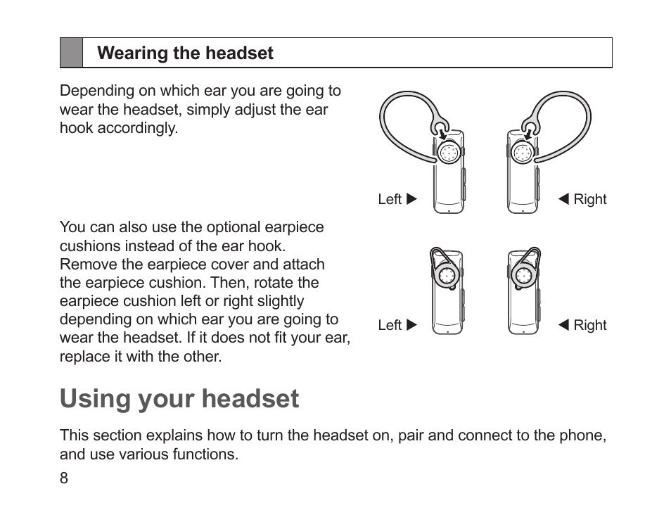 Wearing the headset, Using your headset | Samsung HM1700 User Manual | Page 10 / 143