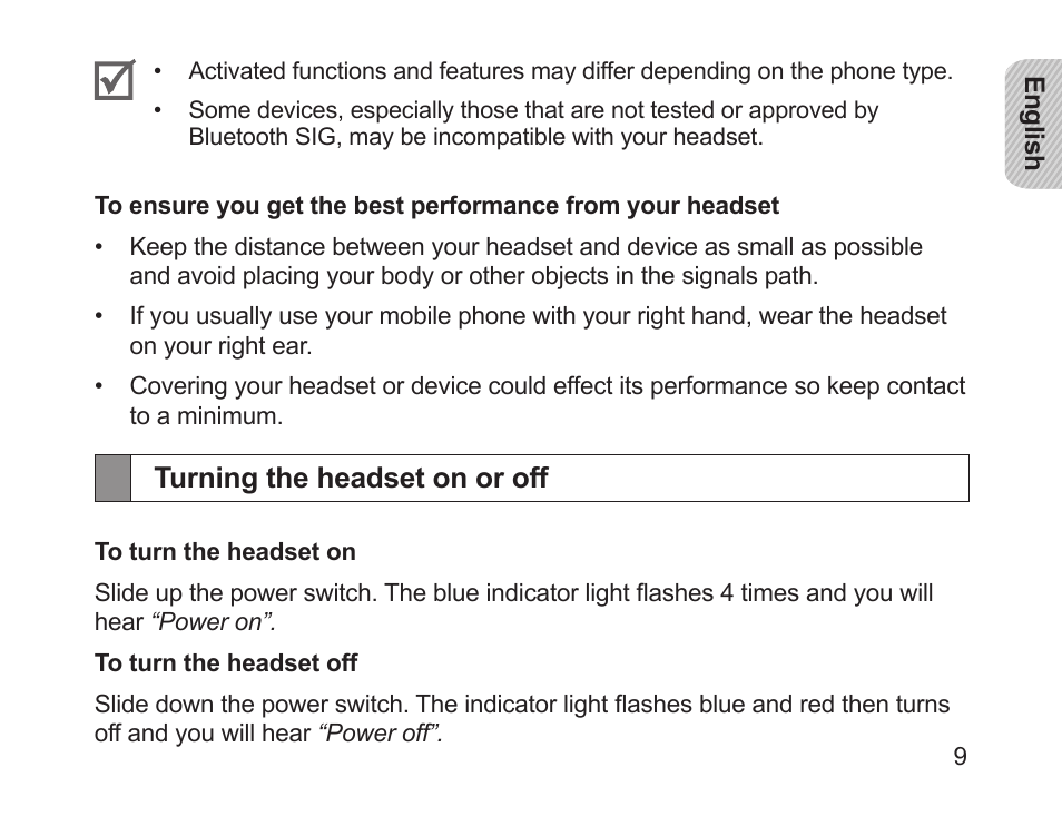 Turning the headset on or off | Samsung HM1700 User Manual | Page 11 / 143