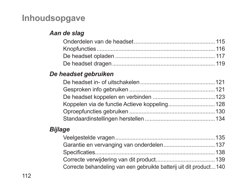 Nederlands, Inhoudsopgave | Samsung HM1700 User Manual | Page 114 / 143