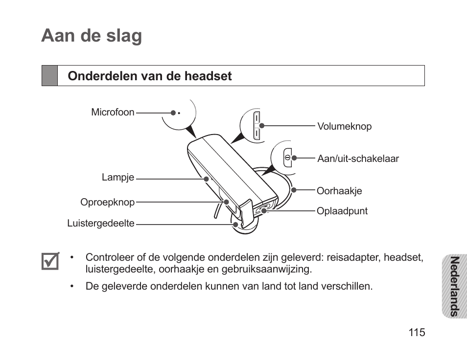 Aan de slag, Onderdelen van de headset | Samsung HM1700 User Manual | Page 117 / 143