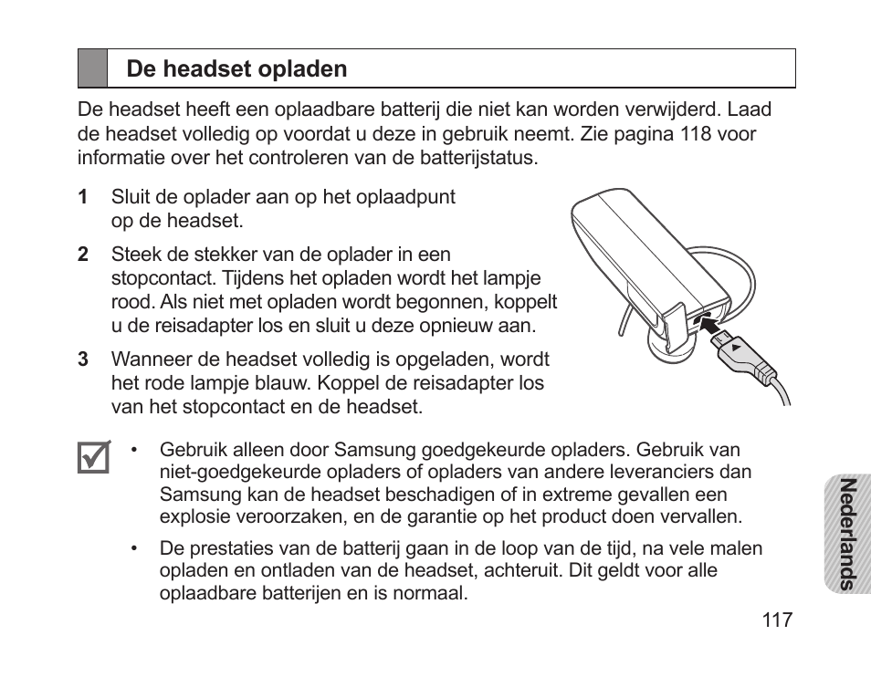 De headset opladen | Samsung HM1700 User Manual | Page 119 / 143