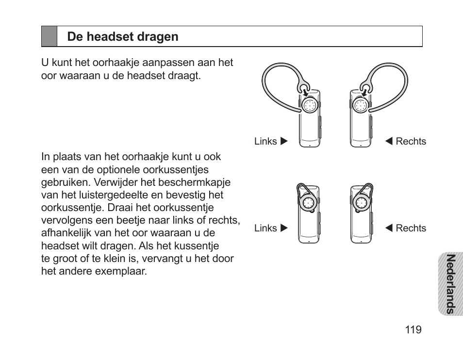 De headset dragen | Samsung HM1700 User Manual | Page 121 / 143