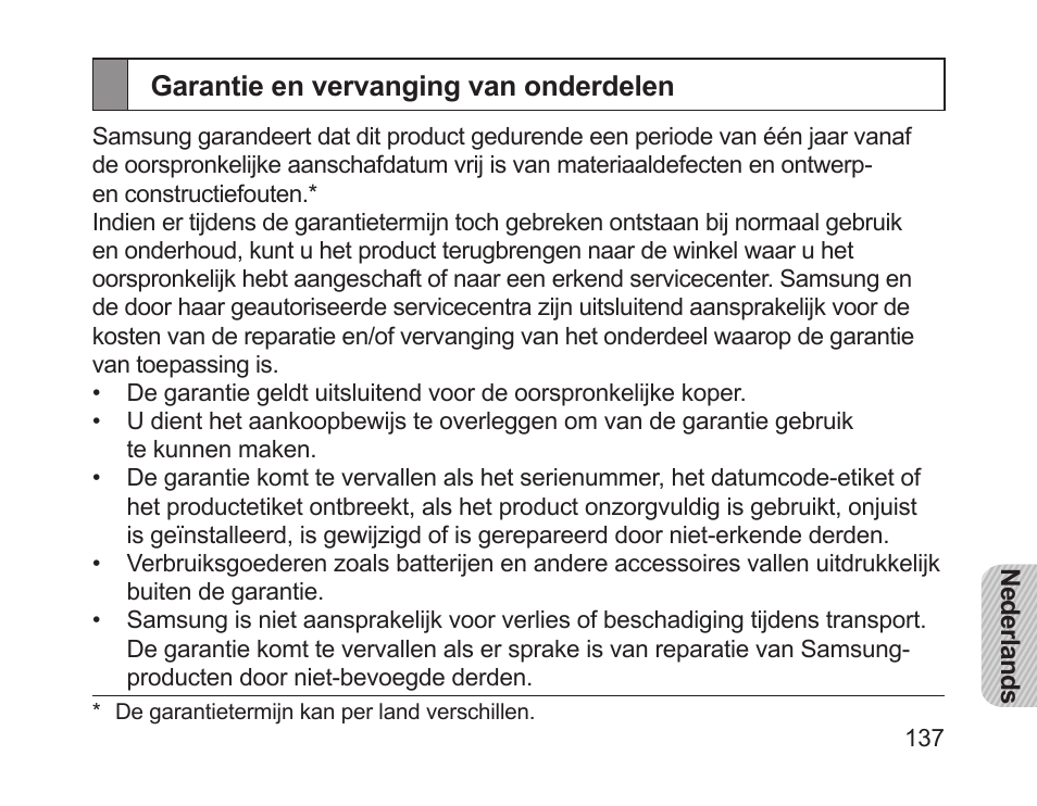 Garantie en vervanging van onderdelen | Samsung HM1700 User Manual | Page 139 / 143