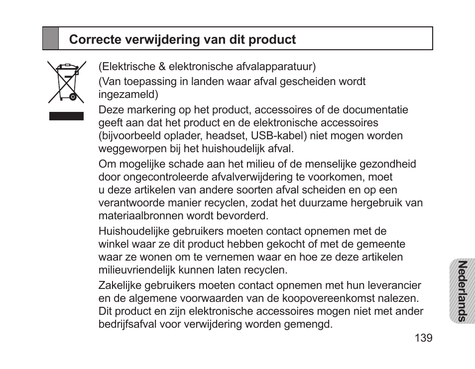 Correcte verwijdering van dit product | Samsung HM1700 User Manual | Page 141 / 143