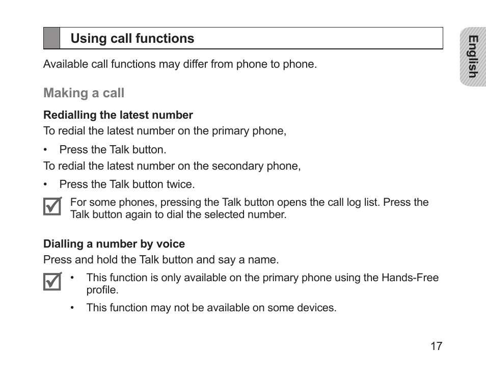Using call functions | Samsung HM1700 User Manual | Page 19 / 143