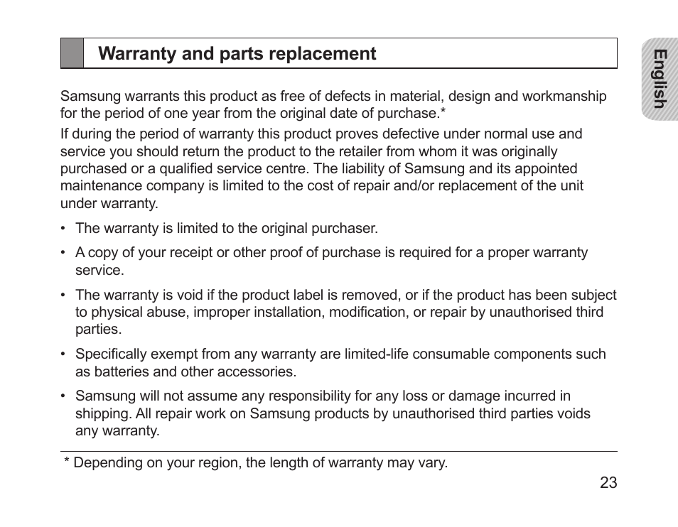 Warranty and parts replacement | Samsung HM1700 User Manual | Page 25 / 143