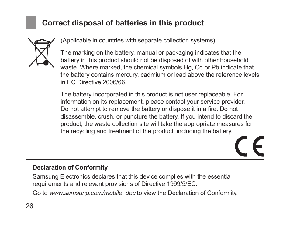 Correct disposal of batteries in this product | Samsung HM1700 User Manual | Page 28 / 143