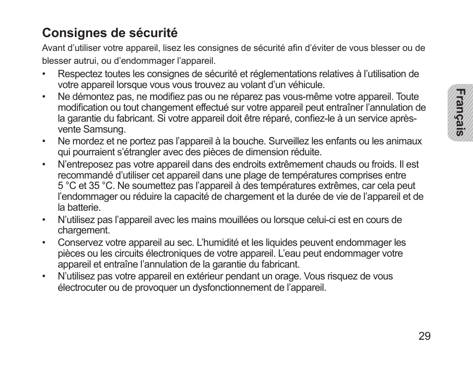 Consignes de sécurité | Samsung HM1700 User Manual | Page 31 / 143