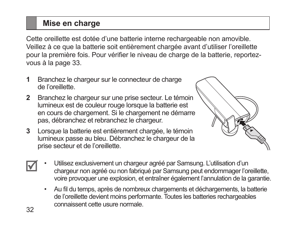 Mise en charge | Samsung HM1700 User Manual | Page 34 / 143