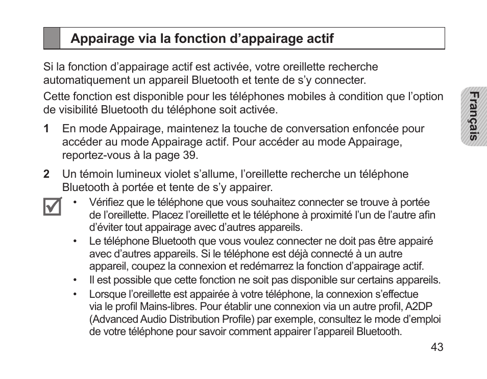 Appairage via la fonction d’appairage actif | Samsung HM1700 User Manual | Page 45 / 143