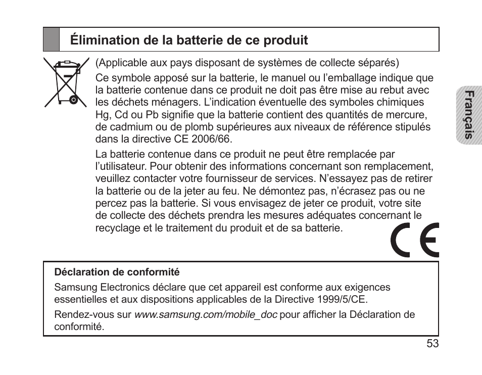 Élimination de la batterie de ce produit | Samsung HM1700 User Manual | Page 55 / 143