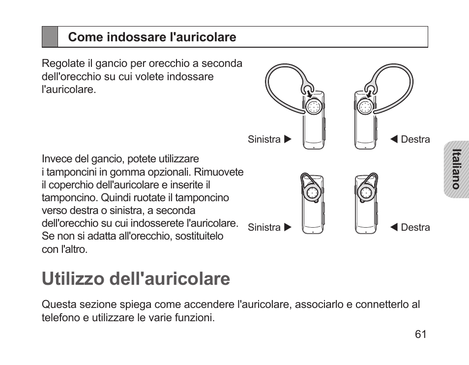 Come indossare l'auricolare, Utilizzo dell'auricolare | Samsung HM1700 User Manual | Page 63 / 143