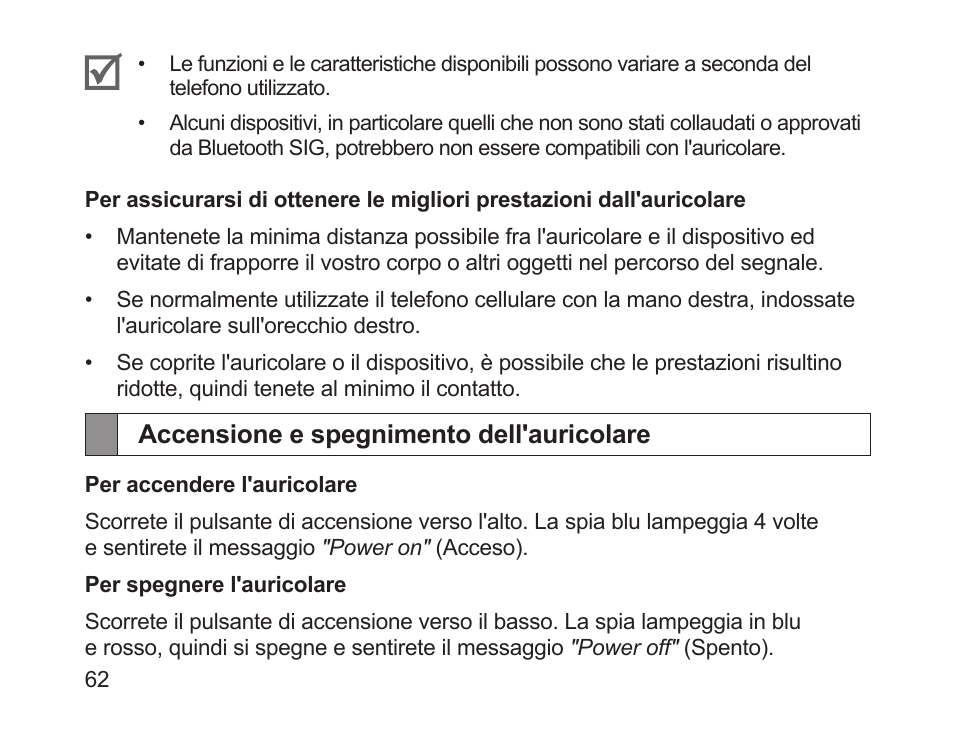 Accensione e spegnimento dell'auricolare | Samsung HM1700 User Manual | Page 64 / 143