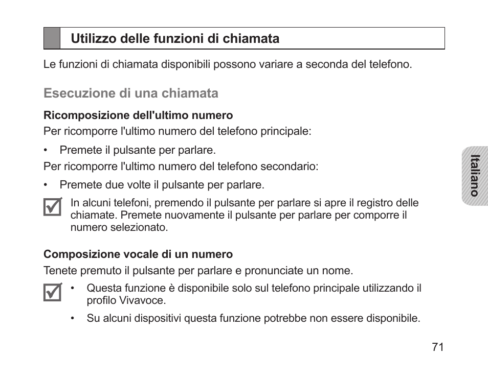 Utilizzo delle funzioni di chiamata | Samsung HM1700 User Manual | Page 73 / 143