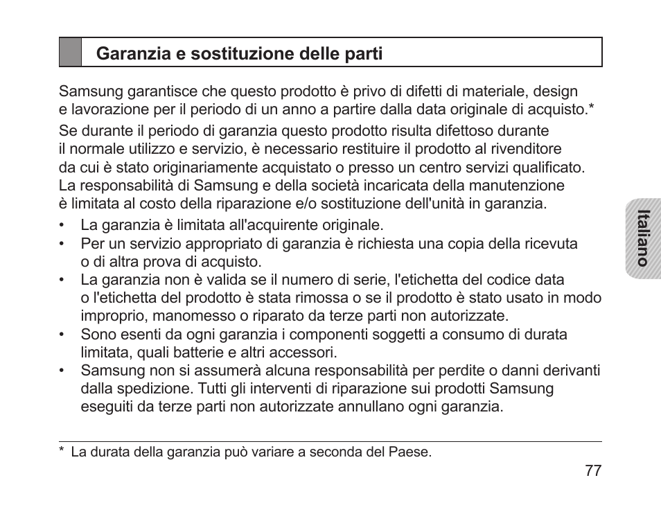 Garanzia e sostituzione delle parti | Samsung HM1700 User Manual | Page 79 / 143